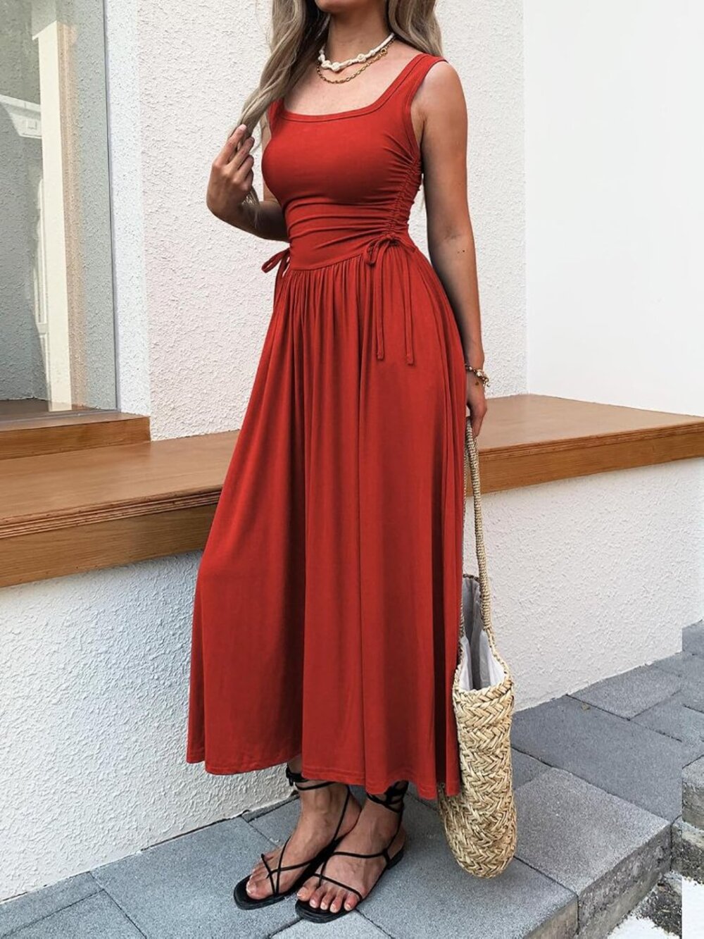 〽️Red Women's Summer Maxi Dress Boho Sleeveless A Line Sundress with Pockets - Picture 5 of 5